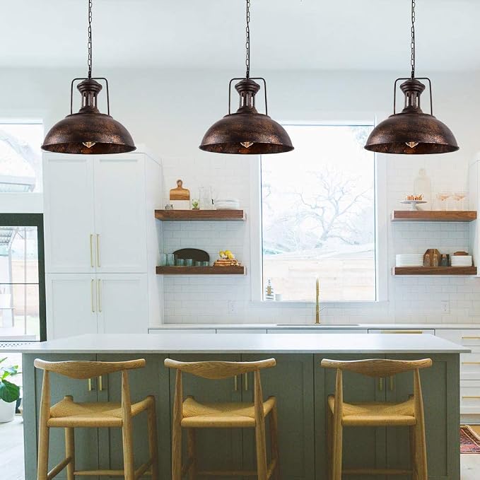 Lingkai 16.14" Farmhouse Pendant Light, Rustic Vintage Hanging Light Fixture Barn Dome Lampshade Ceiling Mount Lamp for Kitchen Island Dining Room