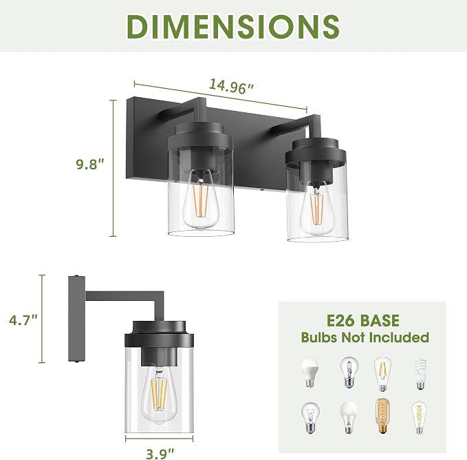 Bathroom Vanity Fixtures, 2 Light Matte Black Vanity Light with Clear Glass Shade, 15in Farmhouse wall Light, Lighting Fixture Over Mirror for Bathroom