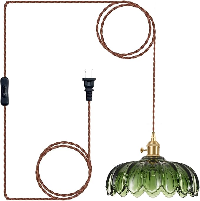 XZHGCEE Plug in Pendant Light Fixtures: Hanging Light Plug in Green Glass Hanging Lamp, Pendant Lighting for Kitchen Island, Bedroom, Dining Room, Living Room, E26 No Bulb