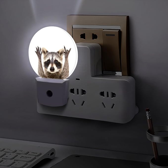 Round LED Night Light,Funny Cute Raccoon LED Night Light Plug into Wall with Dusk to Dawn Light Sensor White Energy Efficient Nightlight for Bedroom Bathroom Hallway Living Room Kitchen