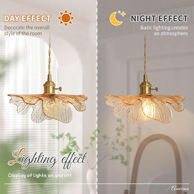Pendant Lights Set of 2, Hand Blown Amber Glass Brass Gold Hanging Lighting, Adjustable 59” Cord Mid Century Modern Fixture, Sloped Ceiling Compatible for Kitchen Island Dining Room