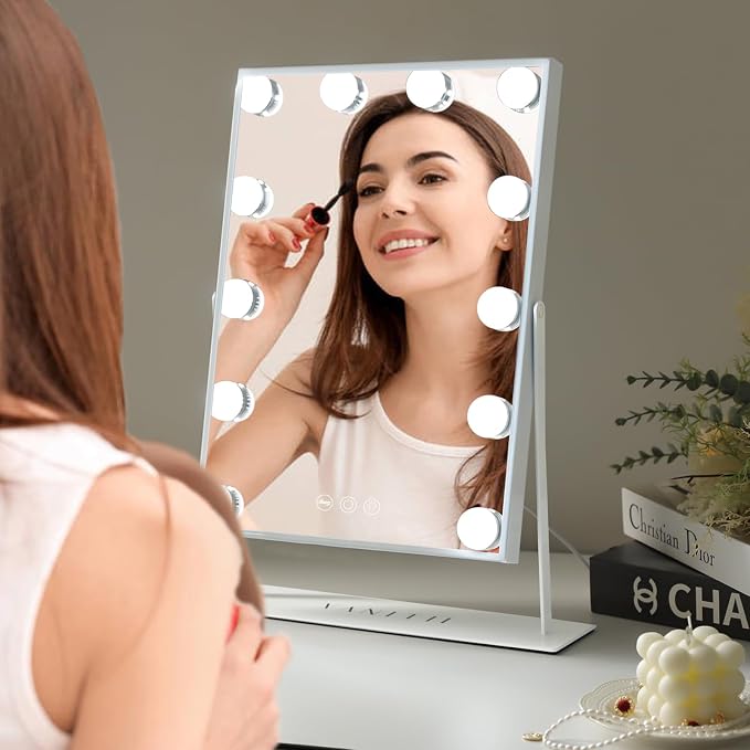 VANITII Lighted Vanity Hollywood Mirror with 12 Dimmable Bulbs Smart Touch Control 3 Colors Light for Tabletop, Detachable 10X Magnification