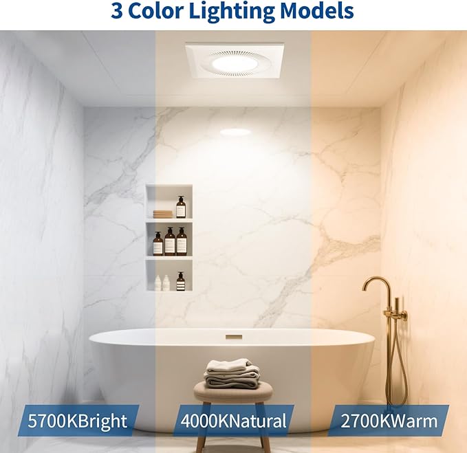 Bathroom Exhaust Fan With Light, Ultra Quiet 1.0 Sones Bathroom Vent Fan With Light, 110 Cfm, Bathroom Fan With Light, Three Color Temperatures 2700k/4000k/5700k, Ceiling Mount For Home, Bath, Office