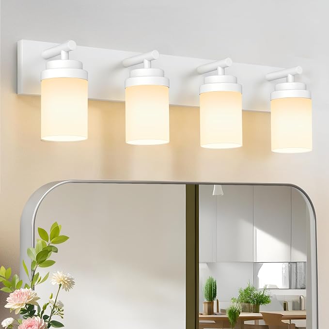 IZORRO Bathroom Vanity Light Fixture, 4-Light 30 Inch White Bathroom Light Fixtures Over Mirror, with White Glass Shade, Modern Farmhouse Vanity Lights, Rustic Restroom Lighting Fixtures