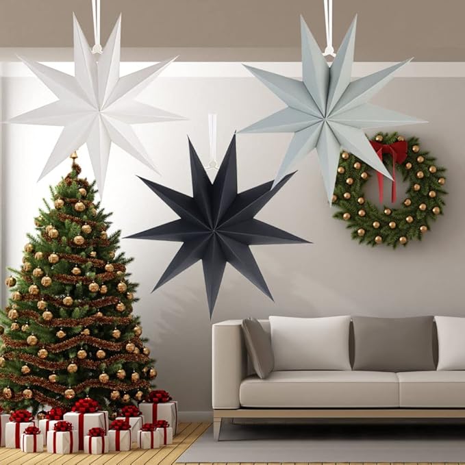 SUNBEAUTY 3 Pcs 9-Pointed Paper Star Lanterns 12 Inch Hanging Lampshade Wedding Birthday Christmas Home New Year Party Decorations