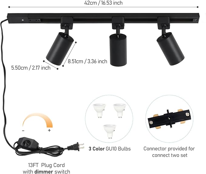 3-Color Dimmable Plug in Track Lighting with Power Cord, 3-Light Black | 13FT Dimmable Plug Cord | 3000K 4000K 6000K Adjustable | 6W GU10 Bulbs Included | LED Ceiling Spot Light Fixtures for Kitchen