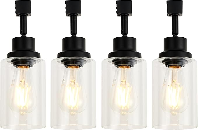 4 Pack H Track Lighting Heads E26 Track Light Heads Modern Pendant Track Lighting Fixtures Ceiling with Clear Glass Shades for Kitchen, H Track Lighting Rail System Compatible (No Bulbs)