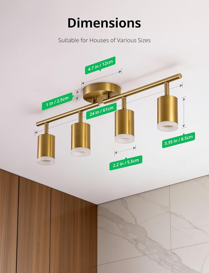 Bojim Track Lighting Fixtures Ceiling Mount for Kitchen, Gold 4 Way LED Spot Lights Indoor, Flexible Modern Track Light GU10 Socket for Dining Room, Bulbs Not Included