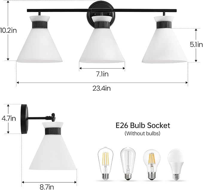 Black Bathroom Vanity Light Fixtures: Vanity Lighting Fixtures over Mirror 23.4 inch with Milky White Frosted Glass, 3-Lights Farmhouse Vintage Vanity Lighting Bathroom Wall Light(Exclude Bulb)