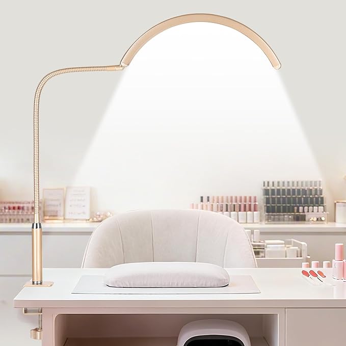 Professional Half Moon LED Desk Light for Nail Techs & Artists – Flexible Gooseneck Lamp with Clamp, 3 Color Modes & 5 Brightness Levels for Manicure, Tattoo, Beauty Work