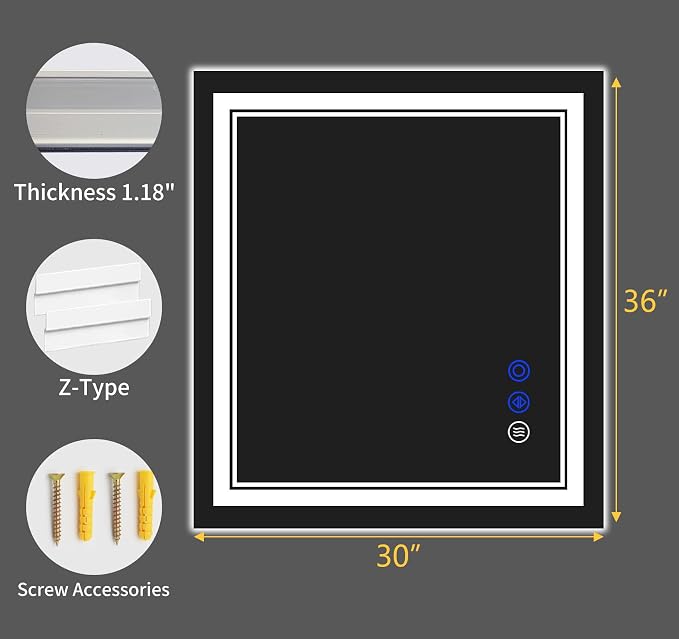 36"x30" LED Bathroom Mirror with Lights,Anti-Fog,3 Color Modes