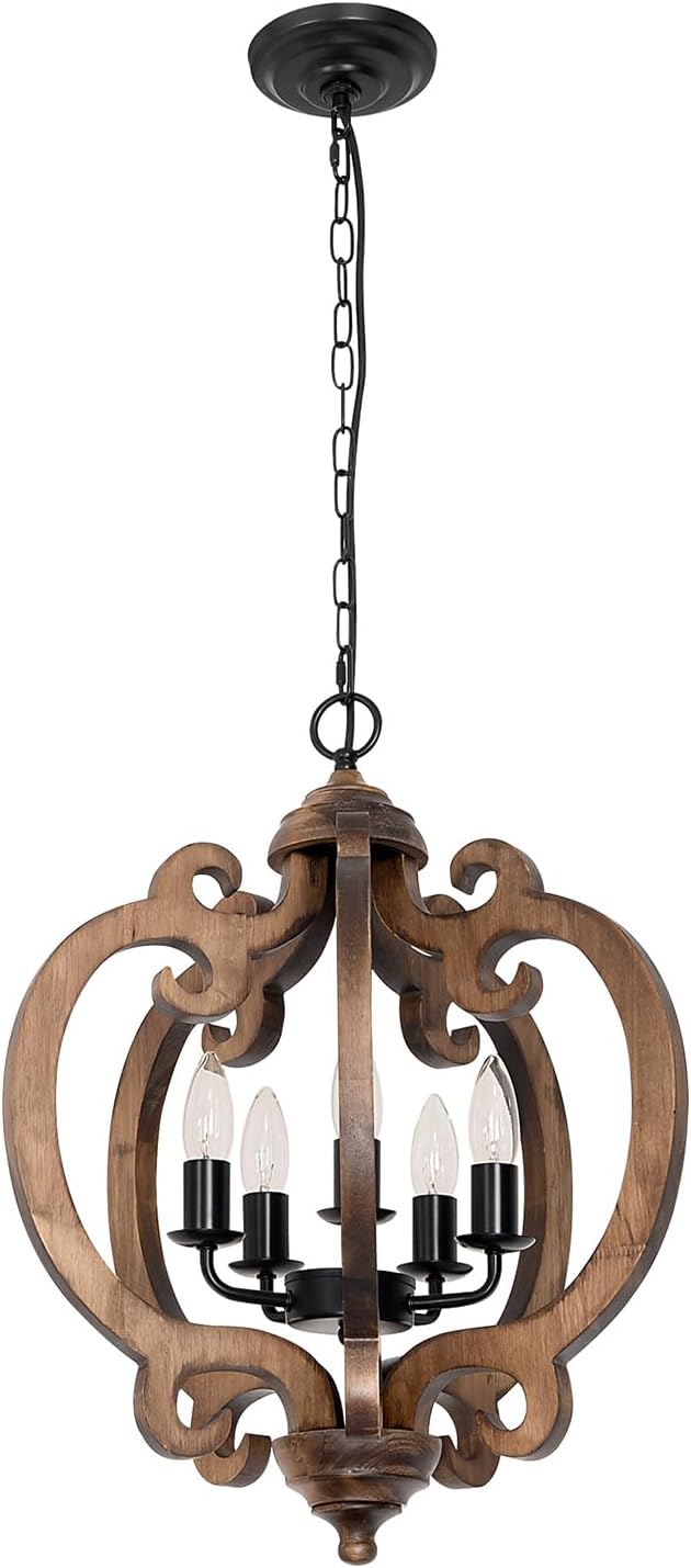 5-Light Rustic Farmhouse Chandelier, Wood Dining Room Light Fixture with Adjustable Chain, Easy Assembly for Kitchen Island, Bedroom, Entryway, Living Room