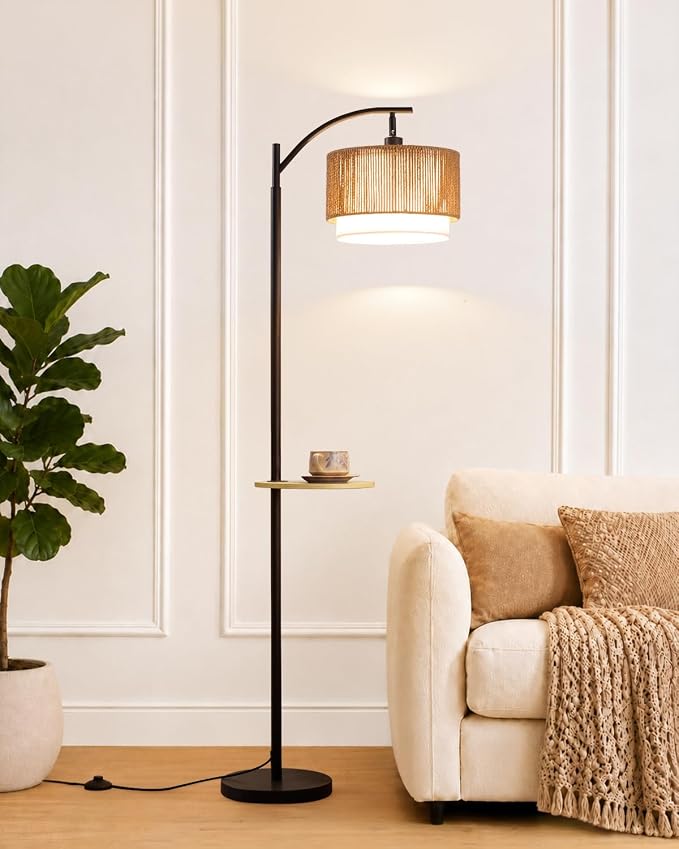 PESRAE Rattan Floor Lamp for Living Room with Side Table, Farmhouse Arc Floor Lamp with 3 Color Temperatures and Rattan & Fabric Lamp Shades, Boho Standing Lamp for Living Room, Bedroom Corner