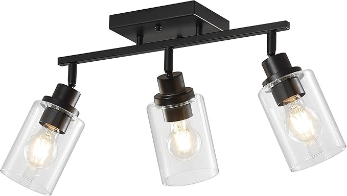 LOUSACE 3 Light Kitchen Track Light Fixtures Ceiling Vanity Lights Black, Bathroom Track Lighting Kit w/Rotatable Heads & Clear Glass Shade, Modern Wall Ceiling Tracking Light for Accent Shop Hallway