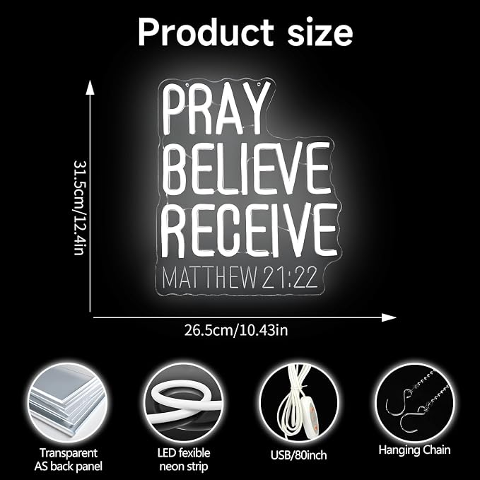 Pray Believe Receive Neon Sign for Wall Decor Matthew 21.22 Led Sign Religious Neon Light Dimmable Christian Light Up Signs for God Inspiration Faith Church Bible Verse Wall Art Bedroom Party Gift