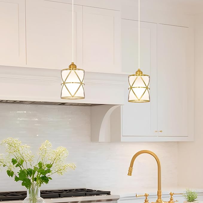 Brushed Gold Pendant Lights for Kitchen Island Set of 2, Pendant Lights Kitchen Island with Frosted Glass Shade, Modern Bathroom Pendant Lighting for Foyer, Dining Room, Entryway - Adjustable Height