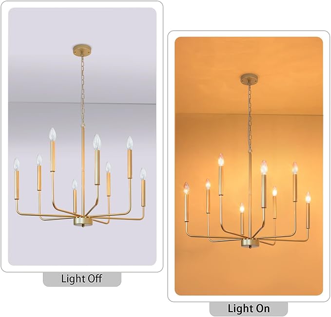 Gold Chandeliers, 8-Light Modern Dining Room Light Fixtures, Rustic Candle Hanging Pendant Light for Living Room Entryway Foyer Bedroom Kitchen
