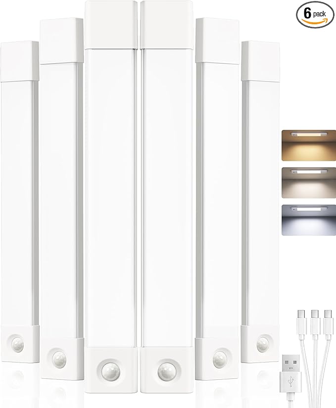 EZVALO 6-Pack Under Cabinet Lighting, Wireless Closet Lights, 50 LED Rechargeable Motion Sensor Light, Dimmable, 3 Color Temperatures, 11.8 inch Counter Lights for Kitchen, Pantry, Bedroom, Wardrobe
