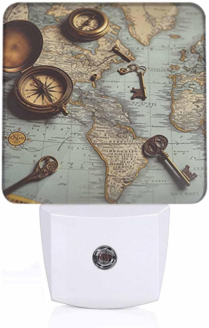 Pirate World Map Night Light Vintage Key Antique Compass Plug into Wall with Dusk to Dawn Light Sensors 0.5W Warm Nightlights for Bedroom Bathroom Hallway