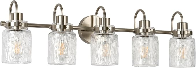 5 Lights Hammered Glass Bathroom Vanity Light,Brushed Nickel | Easy Installation,Up or Down,Farmhouse Modern Style,E26 Socket,ETL Certification