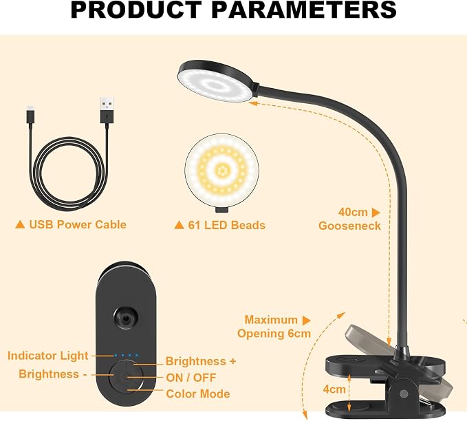 Rechargeable Clip on Light for Bed, 61 LED Cordless Reading Lamp with 3 Color Modes & 10 Brightness Levels, Portable and Flexible Book Light Clamp on Office Desk Bunk Bed Dorm Headboard (Black/3.5'')