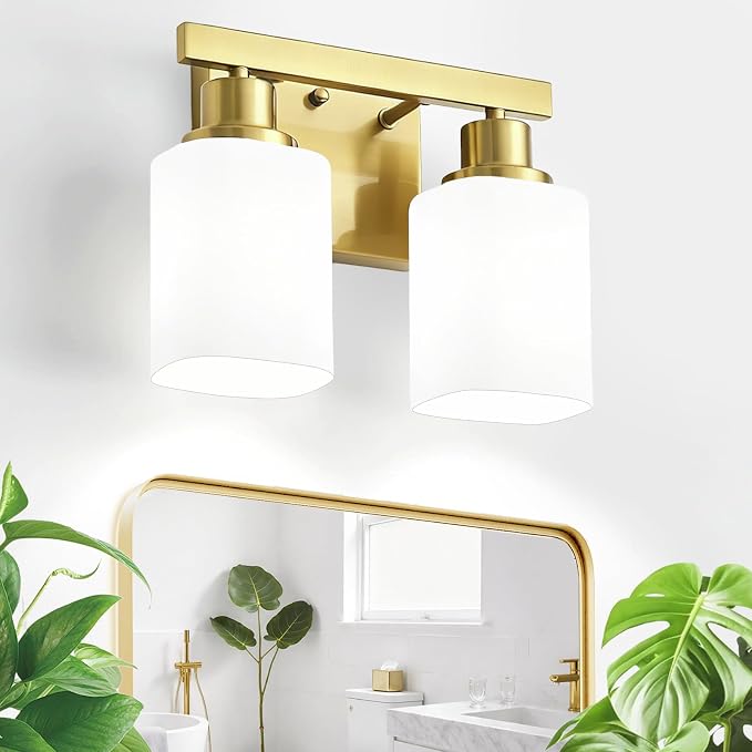 2 Light Gold Bathroom Light Fixtures,Brushed Gold Vanity Light with Clear Glass,Gold Bathroom Vanity Lights Over Mirror,Wall Sconces for Living Room,Bedroom,Hallway(E26 Base)