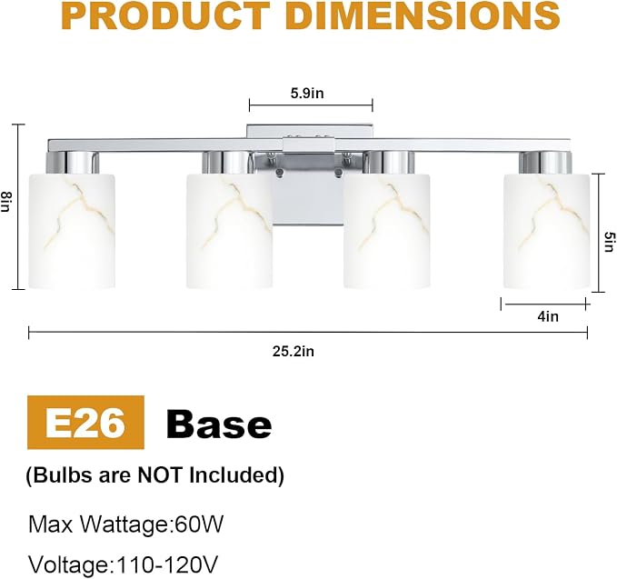 4-Light Bathroom Light Fixtures, Modern Vanity Lights, Chrome Metal Wall Lamp with White Marble Glass for Bathroom, Mirror, Living Room, Bedroom, Cabinet, Porch, Hallway, E26 Base