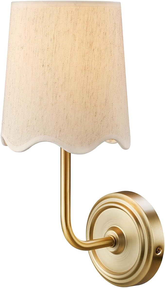 Novogratz x Globe 1-Light Hardwire or Plug-in Wall Sconce, Matte Brass, White Fabric Shade, in-Line Rocker Switch, 6 Ft Fabric Cord Included