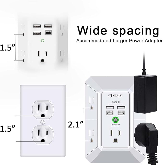 USB Wall Charger, Surge Protector, QINLIANF 5 Outlet Extender with 4 USB Charging Ports(2U2C) 3-Sided 1680J Power Strip Multi Plug Outlets Wall Adapter Spaced for Home Travel Office, White