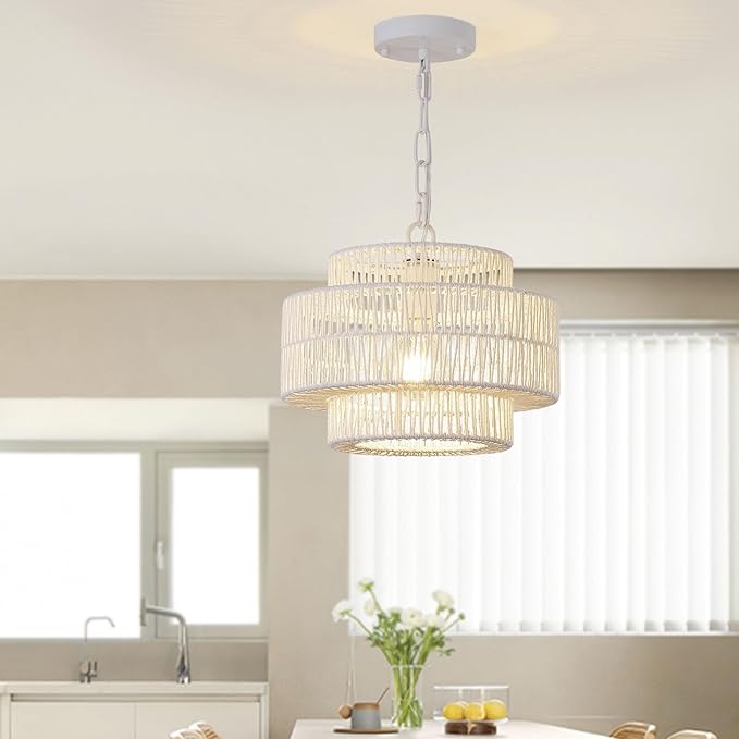 12.4" Large Boho Rattan Farmhouse Chandeliers for Dining Room, Rattan Hand-Woven Rustic Drum Chandelier Pendant Light Fixture for Kitchen Island Bedroom Living Room Entryway Foyer(White)