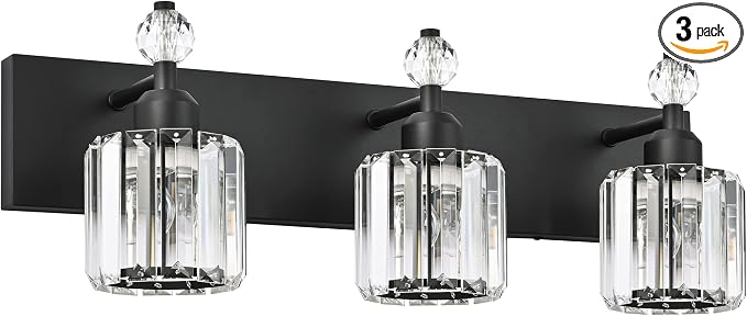 PRESDE Crystal 3 Light Bathroom Vanity Lights Modern Matte Black Bathroom Lights Fixtures Over Mirror Wall Lamp for Bath Bedroom Hallway