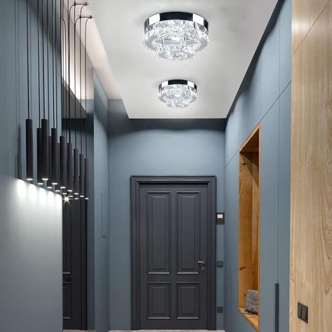 Mini Chandelier LED Crystal Ceiling Light 2 Layers Flush Mount Ceiling Light Modern Chandelier Lighting for Hallway Staircase Kitchen Bathroom (Cool White)