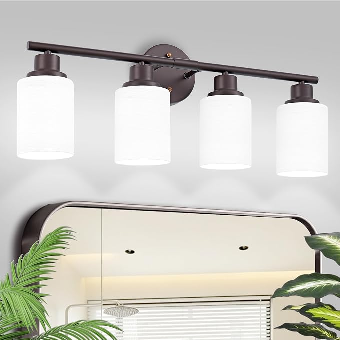 4-Light Bathroom Light Fixtures, Vanity Lights for Mirror with Textured Milky White Glass Shade, Modern Kitchen Light Fixtures Wall Sconce Light - E26 Base - Oil-Rubbed Bronze