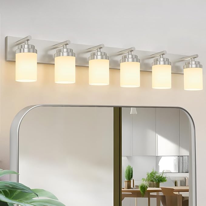 IZORRO Bathroom Vanity Light Fixture, 6-Light 46 Inch Brushed Nickel Bathroom Light Fixtures Over Mirror, with White Glass Shade, Modern Farmhouse Vanity Lights, Rustic Restroom Lighting Fixtures