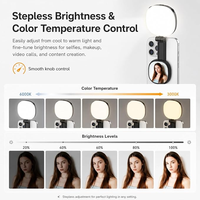 Magnetic Selfie Light Compatible with MagSafe, Foldable LED Phone Light with Mirror, 72 LEDs Stepless Brightness & Color Temperature, 360° Rotating Fill Light for Selfies, Makeup, TikTok, Zoom