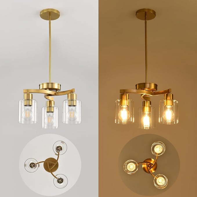 3 Light Brass Gold Dining Room Chandelier, Modern Industrial Pendant Light for Kitchen Island, Adjustable Height Hanging Ceiling Light Fixture with Clear Glass Shades,E26 Base,Dimmable
