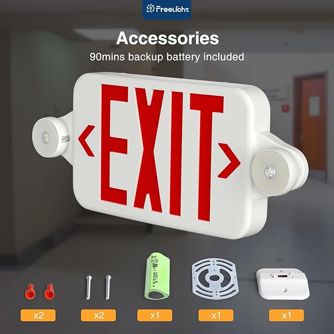 FREELICHT 12 Pack Red Led Exit Signs with Emergency Lights Combo Adjustable Two Heads,Battery Backup Exit Light, Hard Wired,UL Listed,AC 120/277V