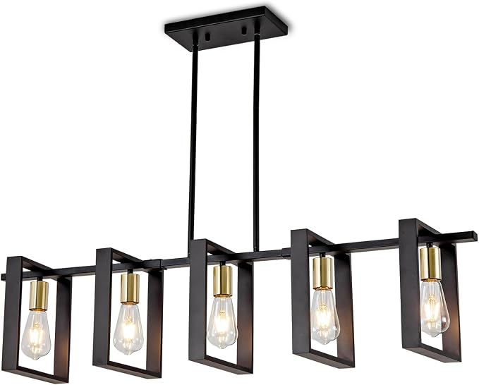 Farmhouse Kitchen Island Lighting Black Dining Room Lights Ceiling Hanging Rustic 5 Lights Wood Chandelier Light fixtures 41.3" Height Adjustable