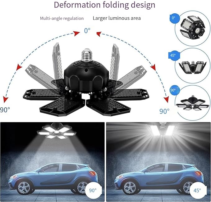 Deformable LED Garage Light - 15000 Lumen 6500K Daylight 150W, Six Leaf Garage Organization Ceiling Lighting, Pack of 2
