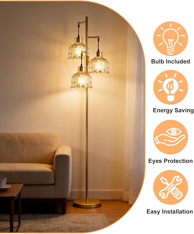 Lightdot 3-Light Lotus Floor Lamp 65'' Dimmable with Brown Glass Shade & E12 Bulbs Included, Mid Century Tall Flower Lamp with 5Lbs Heavy Base for Living Room/Bedroom/Sofa Beside/Corner Decor - Gold