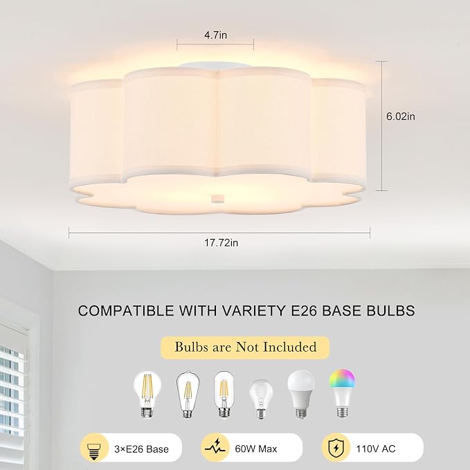 17.7" White Semi Flush Mount Ceiling Light, Linen 3-Light Fixture | White Linen Petal Shade, Modern Style For Bedroom, Hallway,Kitchen And Laundry; Close-To-Ceiling, E26, Dimmable