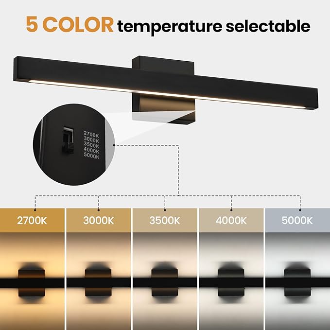 Modern Bathroom Vanity Light 24 Inch Black Bathroom Lighting Fixtures Over Mirror 20W 5CCT Dimmable LED Vanity Lights Bar for Bathroom Mirror Restroom Bedroom