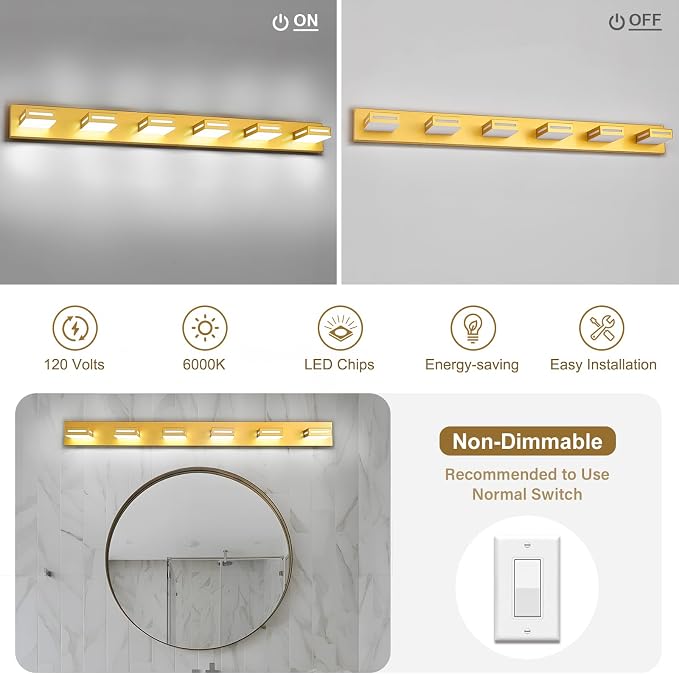 LED Modern Bathroom Light Fixtures, 6-Light 48-Inch Gold Vanity Lights for Bathroom Lighting Fixtures Over Mirror, 6000K Cool White 350° Rotatable Wall Lamp