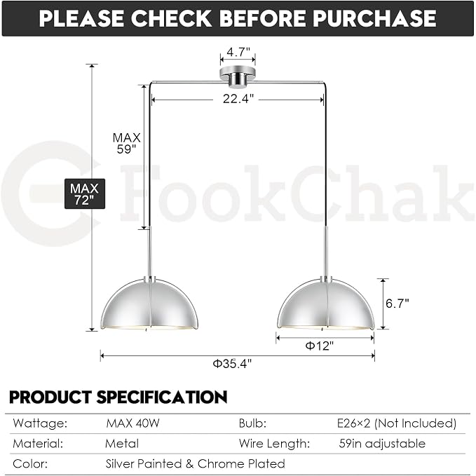 Silver Dome Pendant Light 2 Light Socket Large Pendant Light Fixture with Adjustable Pendant Cord Modern Pendant Lighting for Kitchen Island Dining Room Kitchen Sink