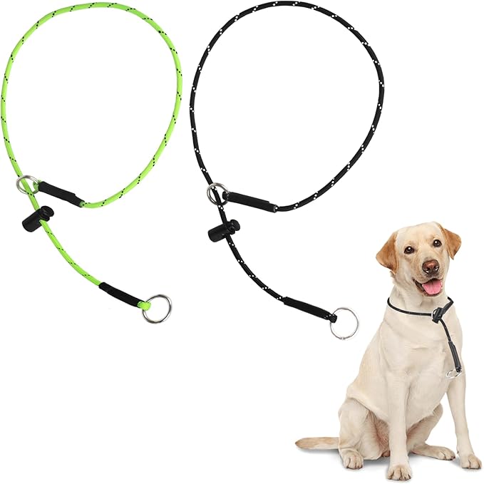 26" Dog Slip Collar – 5/32" Paracord Rope Dog Collar with Spring-Loaded Stopper & Stainless Steel O-Ring, Reflective for Low-Light Visibility (Black & Neon Green)
