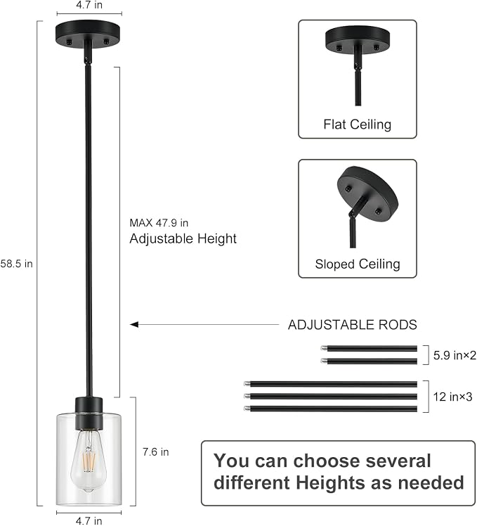 Modern Farmhouse Black Pendant Lights, Mini Hanging Light Fixture with Clear Glass Shade, Adjustable Rods for Kitchen Island, Sink, Bar (2 Pack)