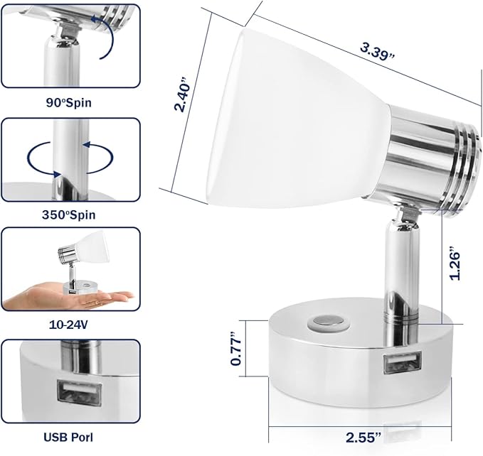 THALASSA 12V Boat Interior Reading Light USB Port, 3W DC RV Warm White, Built-in Dimmer Touch Button for Blue Decor Lights. Surface Mount on Trailer, Van, Truck, Car, Camper, Motorhome, Caravan