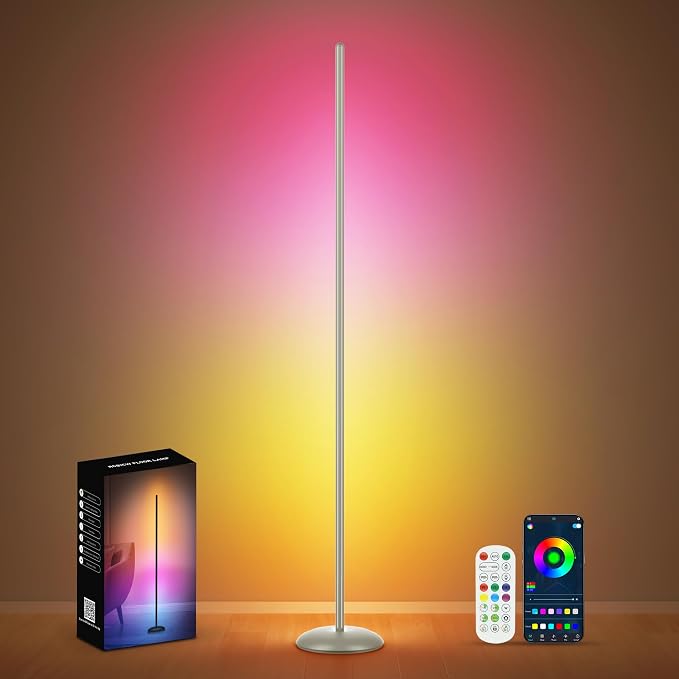 LED Corner Lamp, Smart RGB Floor Lamp for Living Room, Bedroom | 1200LM Dimmable with 16 Million Color Changing, Music Sync, APP & Remote Control, Standing LED Light for Gaming Room - Silver