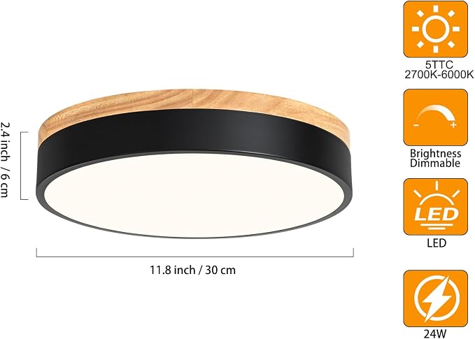 Yiisem Dimmable Wood LED Flush Mount Ceiling Light, Black, 11.8 in | 5CCT 2700K-6000K Modern Close to Ceiling Lighting Fixtures, Round Ceiling Lamp for Bedroom, Kitchen, Hallway, Laundry Room