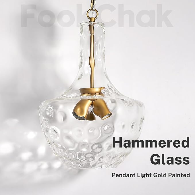 Modern 3-Light Gold Pendant Light Hammered Glass Kitchen Island Light Large Glass Pendant Lights Over Sink Brass Hand-Blown Glass Hanging Light for Kitchen Dining Room Hallway Entrance